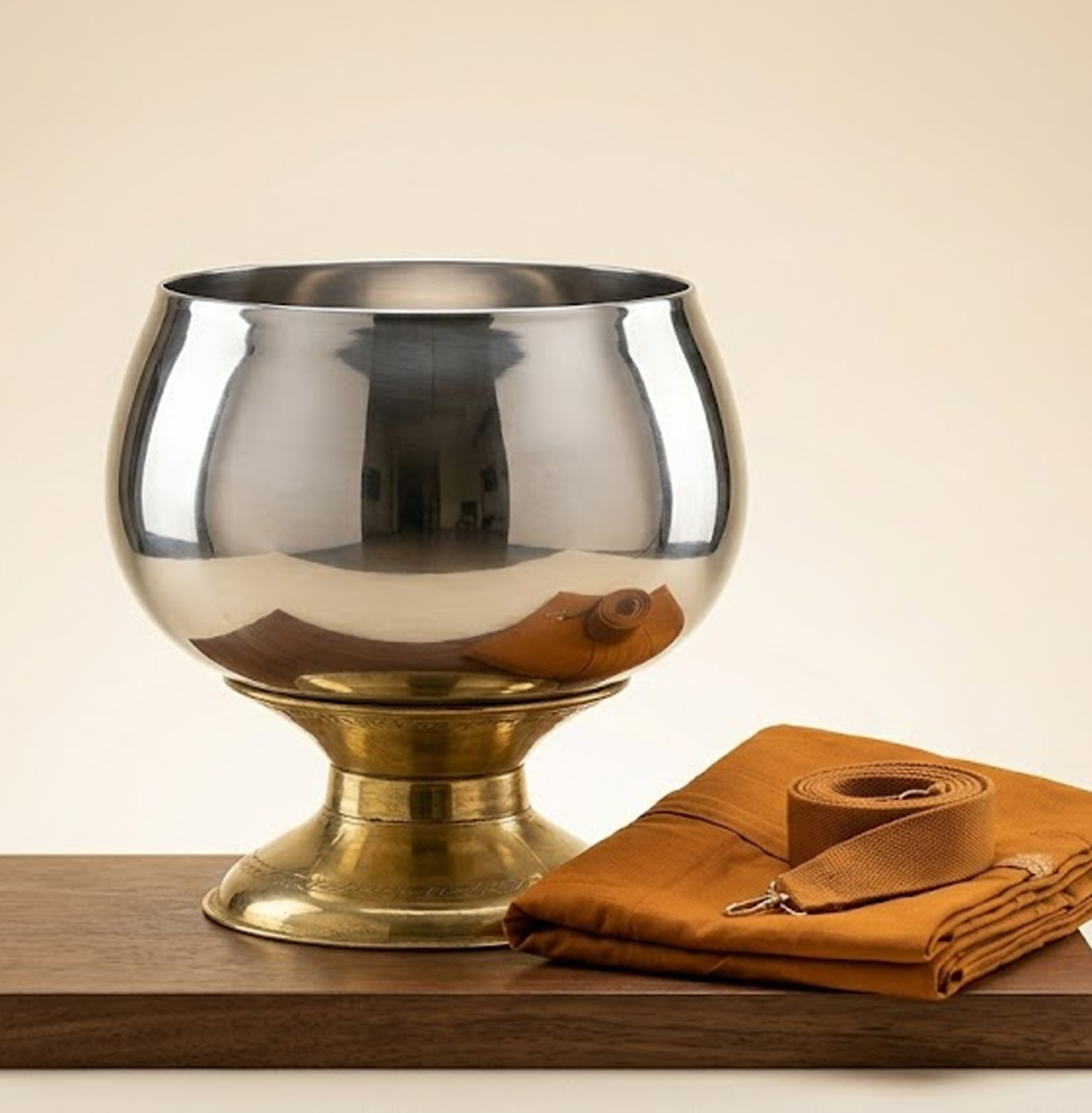 Stainless Steel Monk's Alms Bowl with Brass Stand (පාත්‍රය සහ ආධාරකය)