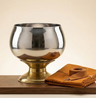 Stainless Steel Monk's Alms Bowl with Brass Stand (පාත්‍රය සහ ආධාරකය)