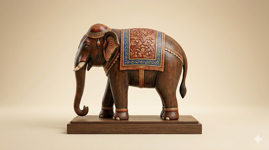Intricately Painted Kandyan Era Elephant Statue (Wood)