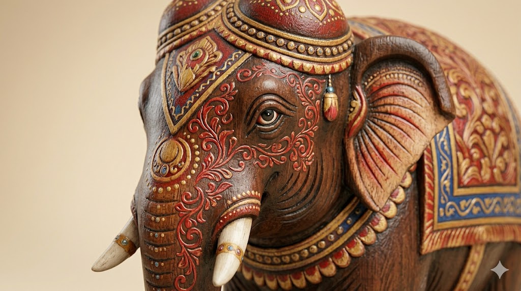 Intricately Painted Kandyan Era Elephant Statue (Wood)