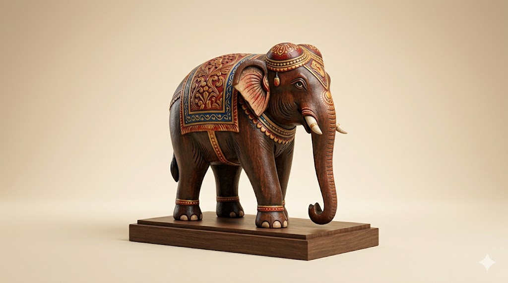 Intricately Painted Kandyan Era Elephant Statue (Wood)